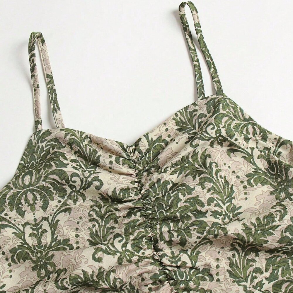 Multicolor Boho Women's Spaghetti Strap Leaf Print Ruffle Hem Maxi Slip Dress - Picture 4 of 7